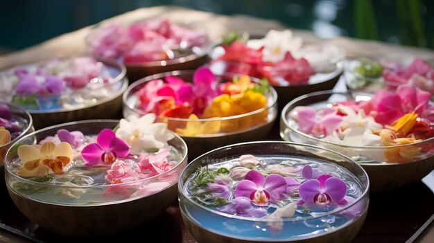 Des bols élégants remplis d'eau florale thaïlandaise