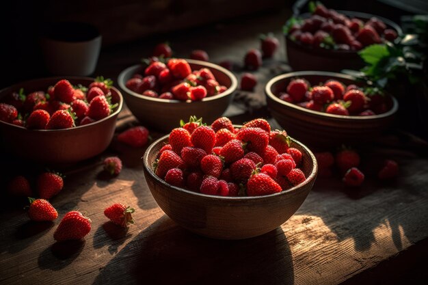 Bols de fraises sur une table avec le soleil qui brille dessus