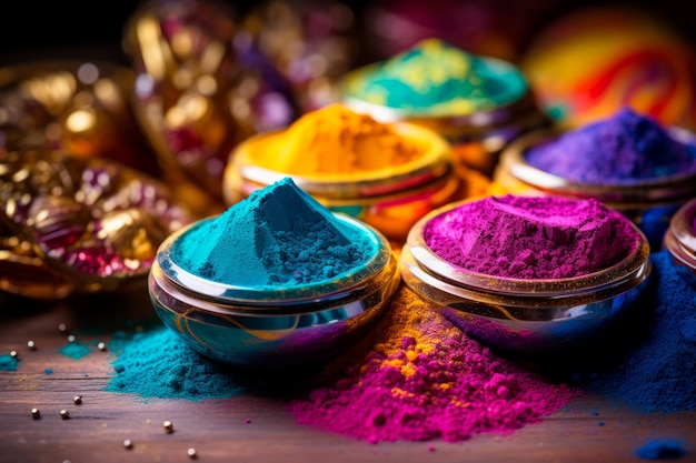 Des bols en gros plan pleins de peintures en poudre colorées Holi