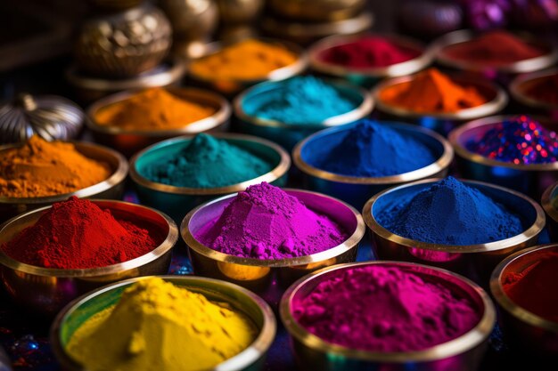 Des bols en gros plan avec la poudre colorée du festival de la culture indienne Holi