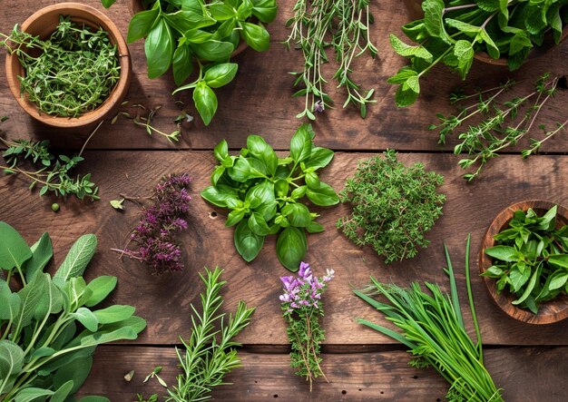 Photo bols à herbes sur fond de bois