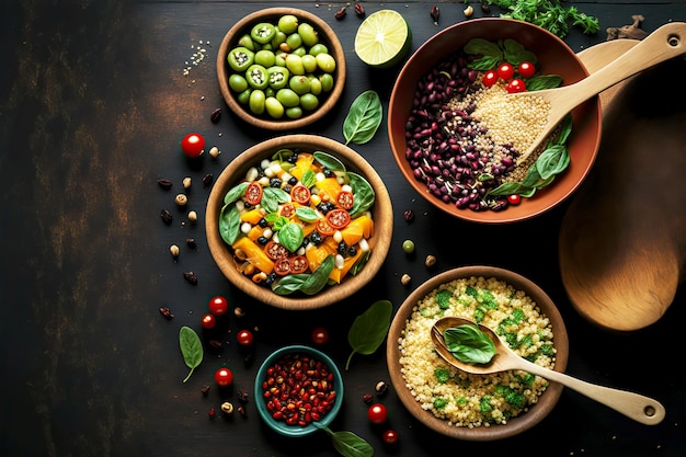 Bols d'ingrédients pour une salade de quinoa saine sur table