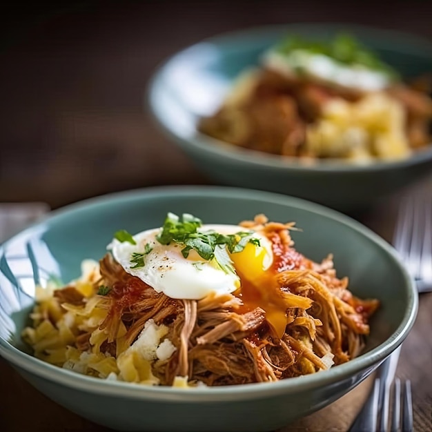 Bols de nouilles maison avec œuf au plat et légumes sur fond de bois