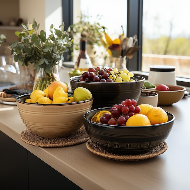 des bols et des paniers décoratifs avec des fruits sur la cuisine.