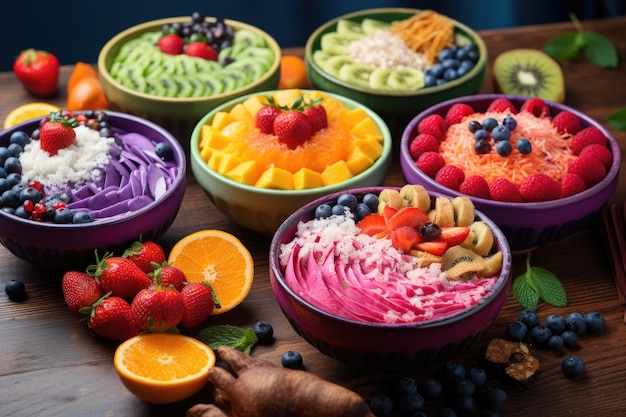 Des bols de smoothie colorés avec diverses garnitures de fruits