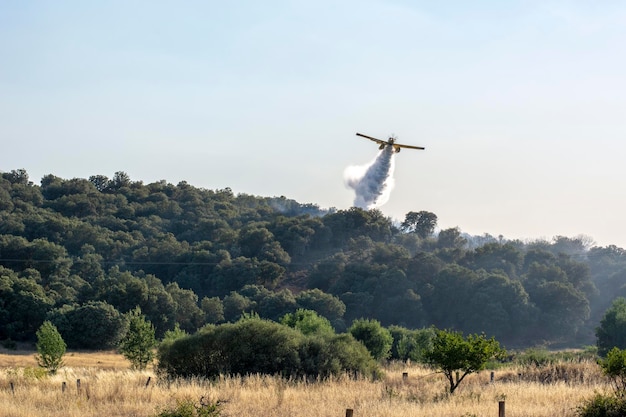 Bombardier à eau ou super scooper en action sur un feu de forêt