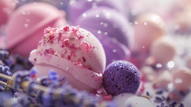 Des bombes de bain de spa colorées artisanales avec des fleurs de lavande