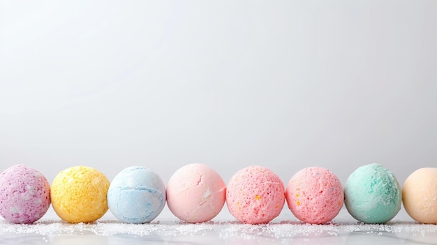 Bombes de bain de spa en différentes couleurs sur un fond blanc avec un grand espace de copie IA générative