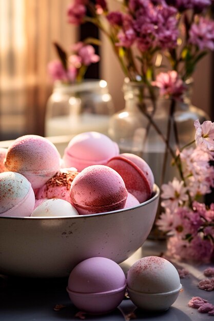 Bombes de bain de spa avec des fleurs Focus sélectif Couleur