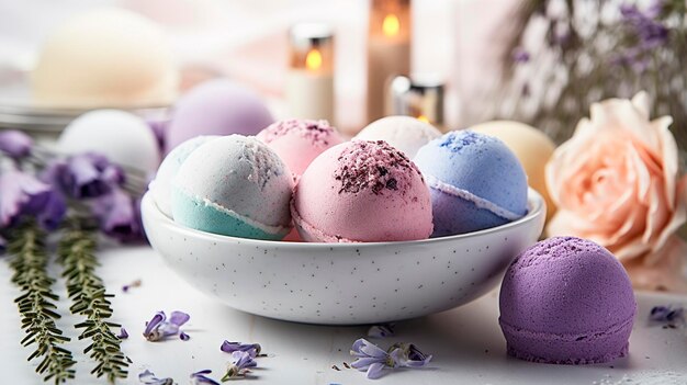 Bombes de bain de spa avec des fleurs Focus sélectif Couleur