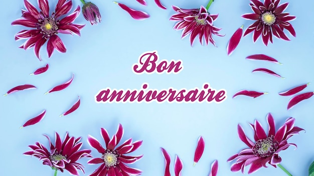 Photo bon anniversaire signifie joyeux anniversaire en français mise à plat vibrante avec des chrysanthèmes bordeaux