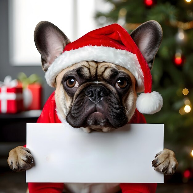 Photo bon chien bon bulldog français mock-up de texte de logo de décembre modèle de noël