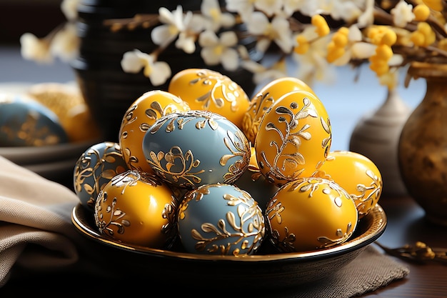 Bon lapin avec beaucoup d'œufs de Pâques colorés Concept de jour de Pâque avec des bonbons ou des fleurs de nid de lapin
