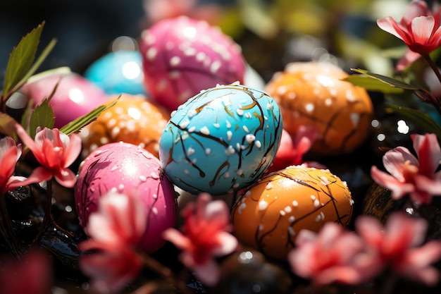 Bon lapin avec beaucoup d'œufs de Pâques colorés Concept de jour de Pâque avec des bonbons ou des fleurs de nid de lapin