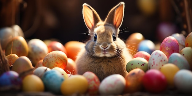 Un bon lapin de Pâques souriant avec des délices colorés