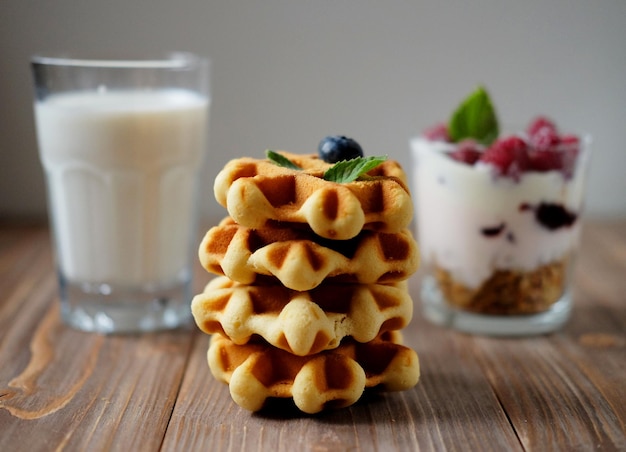 Photo bon petit déjeuner gaufres belges aux myrtilles un verre de mil