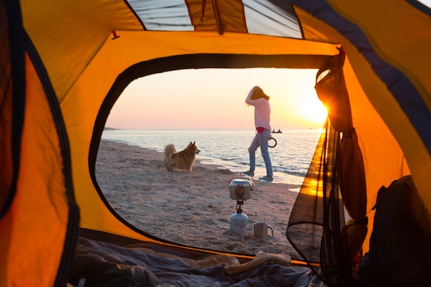 Bon week-end amusant au bord de la mer - fille jouant avec un chien sur la plage. L'été