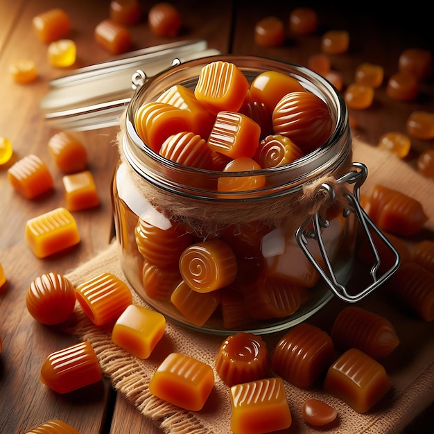 Photo des bonbons au caramel confits dans un pot en verre sur un fond en bois