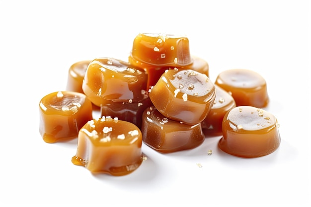 Des bonbons au caramel et de la sauce au caramel sur fond blanc