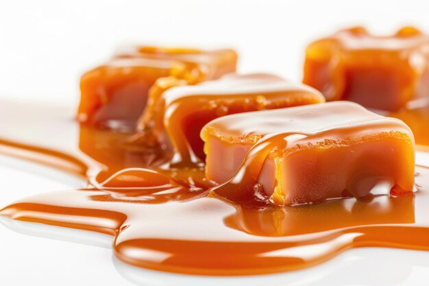 Des bonbons au caramel et de la sauce sur fond blanc