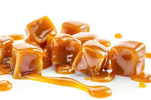 Des bonbons au caramel et de la sauce sur fond blanc