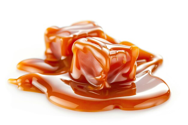 Des bonbons au caramel et de la sauce sur fond blanc