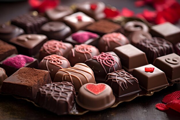 Des bonbons au chocolat avec des cœurs rouges sur un fond en bois foncé