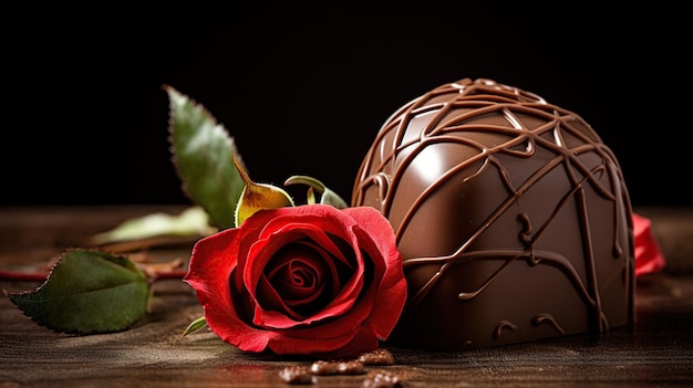 Des bonbons au chocolat à côté d'une rose