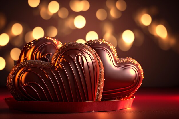 Bonbons au chocolat en forme de coeur sur fond de lumières festives Saint Valentin Generative AI