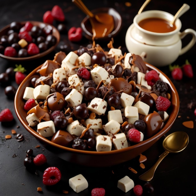 Bonbons au chocolat avec des framboises, des cerises et des chips de chocolat sur un fond noir