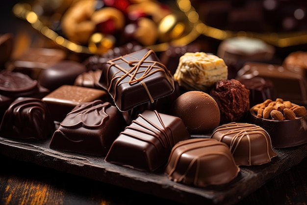 Bonbons au chocolat gastronomiques vus de près sur une table AI