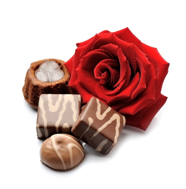 Bonbons au chocolat et rose rouge isolés.