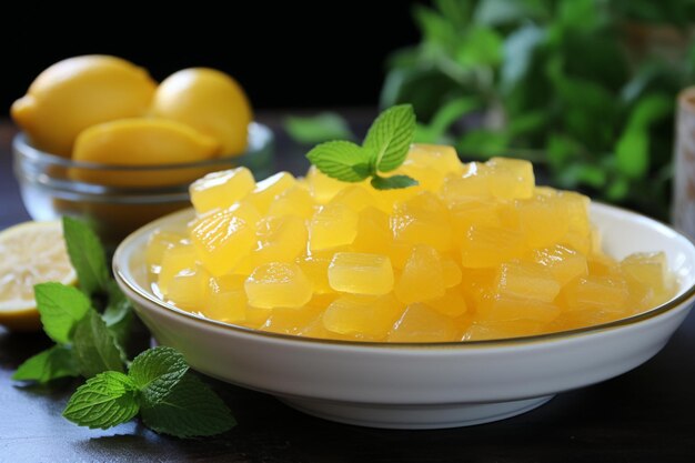 Photo des bonbons au citron dans du sirop de citron ia générative