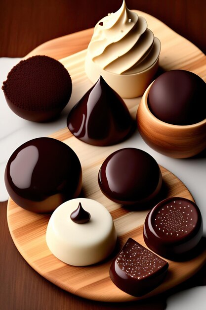 Bonbons au lait noir et chocolat blanc pralinés truffes assortis sur table en bois Chocolat de