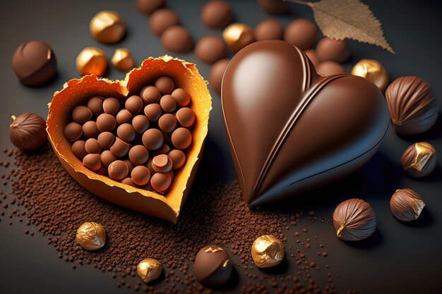 Bonbons aux noisettes et coeur de chocolat pour la Saint-Valentin créés avec une IA générative