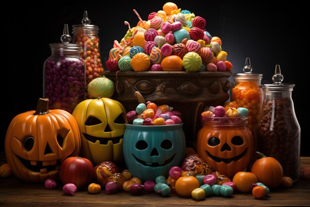 Des bonbons et des bonbons d'Halloween sur un fond sombre