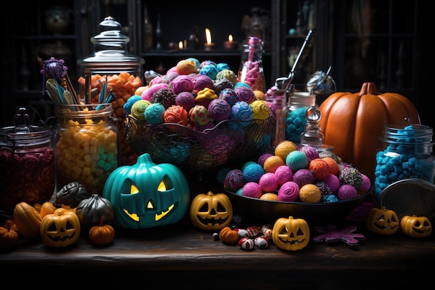 Des bonbons et des bonbons d'Halloween sur un fond sombre