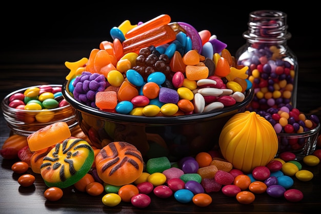 Des bonbons et des bonbons d'Halloween sur un fond sombre