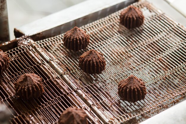Bonbons brun foncé sur convoyeur Bande transporteuse avec bonbons noirs Nourriture faite à l'usine de confiserie Dessert savoureux avec garniture au chocolat