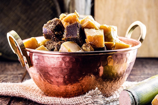 Photo bonbons dans une marmite en cuivre sur une table rustique rapadura est un bonbon à base de canne à sucre d'origine africaine et consommé en amérique latine dans des pays comme la colombie, le venezuela, le mexique, l'équateur et le guatemala