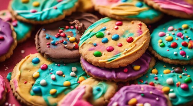 des bonbons délicieux sur un fond abstrait des bonbons du chocolat des beignets des biscuits de couleurs sucrées