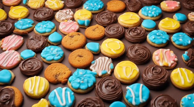 Photo des bonbons délicieux sur un fond abstrait des bonbons du chocolat des beignets des biscuits de couleurs sucrées