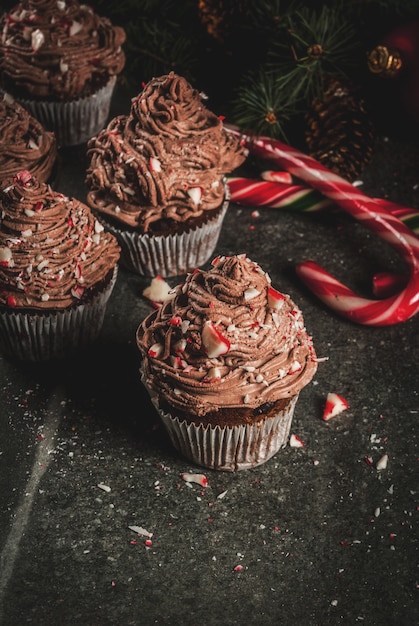 Bonbons et desserts de Noël, cupcakes au chocolat et à la menthe poivrée avec chapelure de canne en bonbon