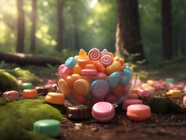 Photo des bonbons de différentes couleurs dans la forêt