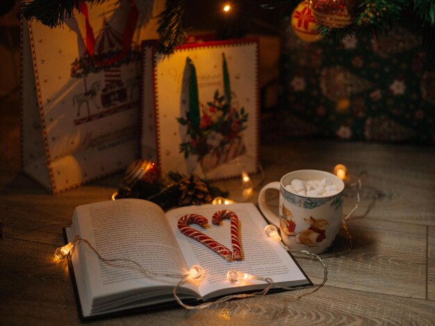 Les bonbons du Nouvel An se trouvent sur un livre sur un fond flou confortable d'un arbre de Noël avec ba de Noël