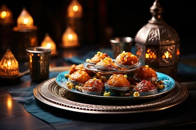 Bonbons festifs, fruits secs pour le Ramadan, événement religieux musulman islamique, fond du dôme de la mosquée