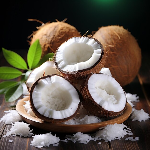 Bonbons en flocons de noix de coco et noix de coco fraîche sur fond de bois de couleur