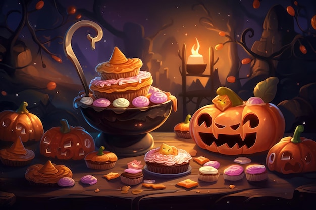 Des bonbons et des gâteaux d'Halloween dessinés