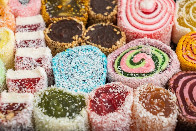Bonbons à la gelée multicolores fond d'aliments sucrés
