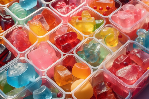 Des bonbons et des gelées colorés dans des boîtes